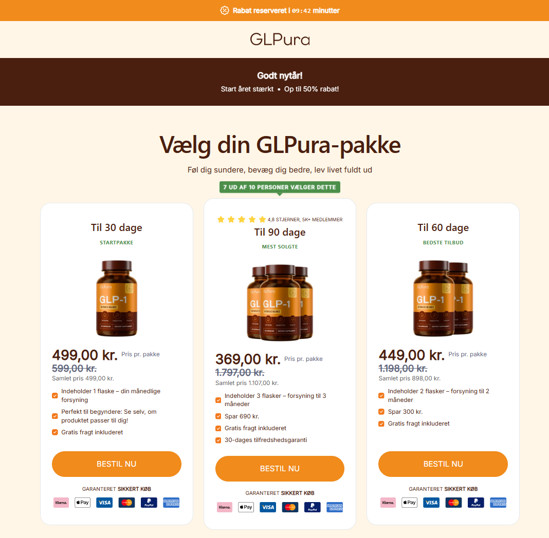 GLPura officiel checkoutside hvor pris pakke og garanti bekræftes